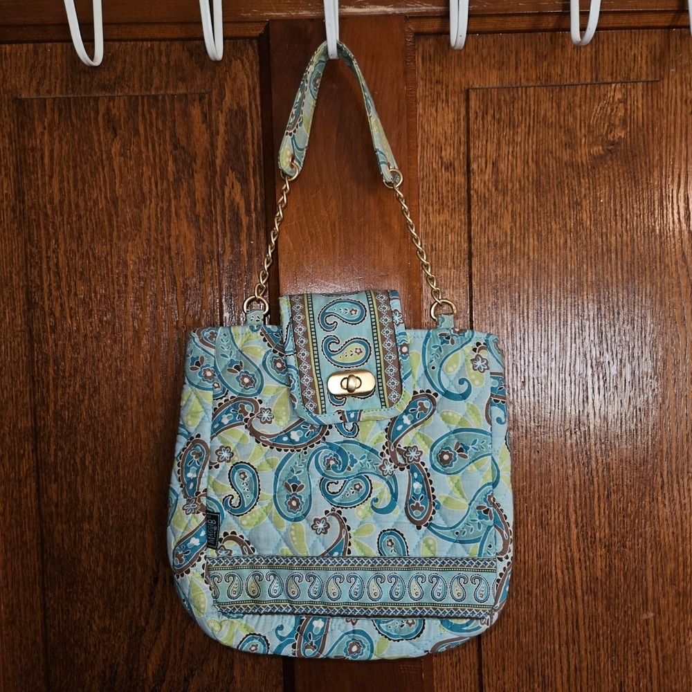 Maggi B Quilted Paisley Shoulder Bag Blue Green Floral Gold Chain Strap Tote